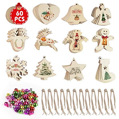 LovesTown 60 Pcs Unfinished Christmas Wooden Ornaments Unpainted Christmas Ornaments 12 Styles Craft Wood Kit with 60 Pcs Colored Jingle Bells DIY Christmas Ornaments for Holiday Decoration